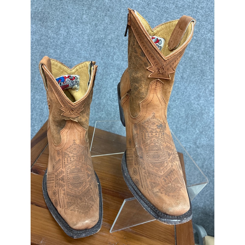 Old Gringo Tan Leather Laser Etched Tribal Ankle Boots Snip Toe Zip 7B